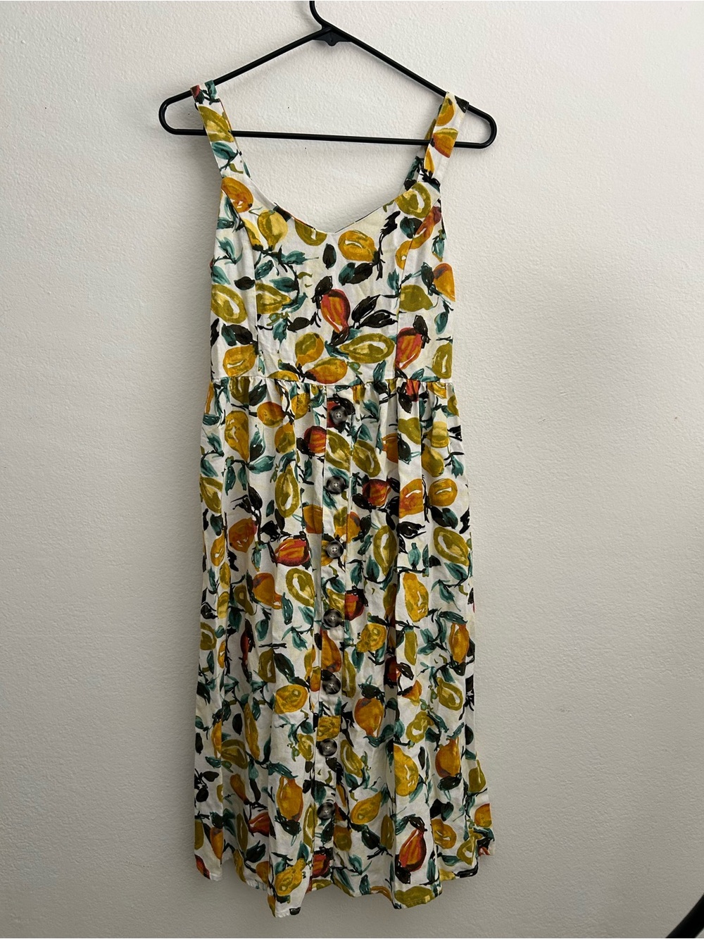 Ava James Sleeveless White fruit Midi Dress with Yellow & Green Print